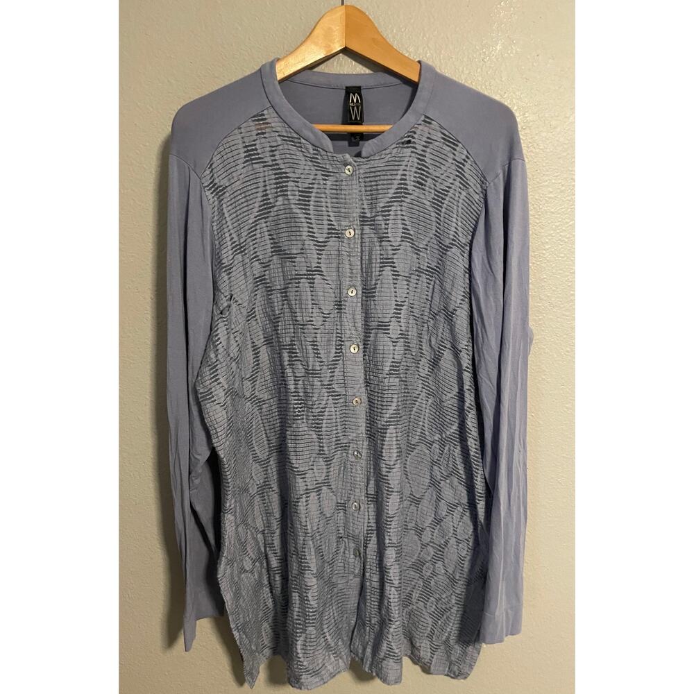 MarlaWynne Tunic Womens 20W Light Blue Textured Button Front Long Sleeve Artsy